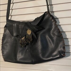 OOAK Black Up Cycled Rubber Handmade Brass Hardware Tassels Woven Shoulder Bag